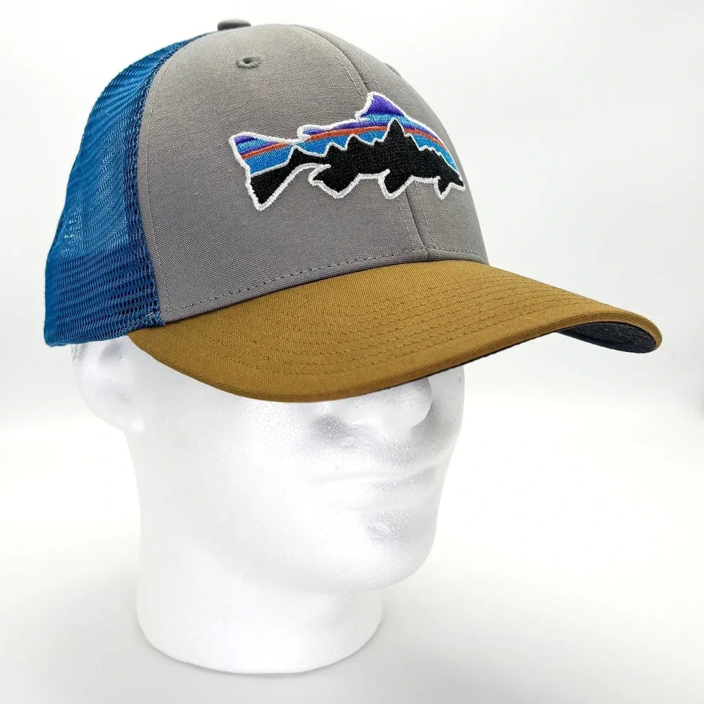 NEW Patagonia Fitz Roy Trout Trucker Hat Gray Blue Snapback NWT One Size Cap